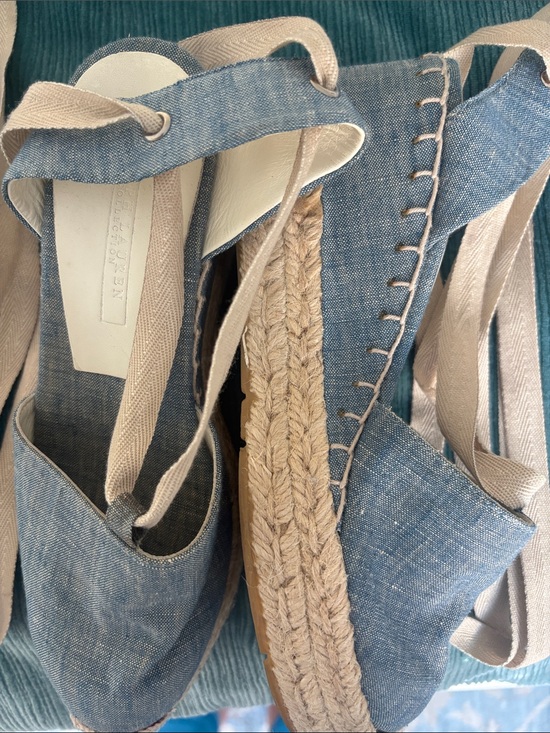Ralph Lauren Shoes - Ralph Lauren Chambray Blue Canvas Espadrille Wedges with Cream Ties